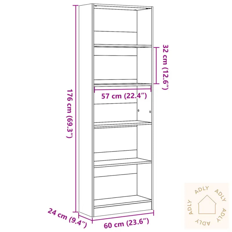 Bokhylle Hvit 60X24X176 Cm Konstruert Tre
