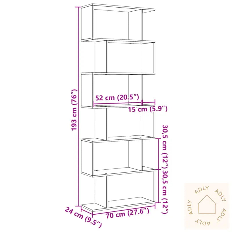 Romdeler Bokhylle 6 Lag Sonoma Eik 70X24X193 Cm Konstruert Tre