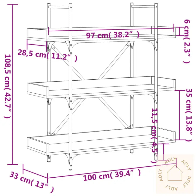 Bokhylle 3 Etasjer Sonoma Eik 100X33X108,5 Cm Konstruert Tre