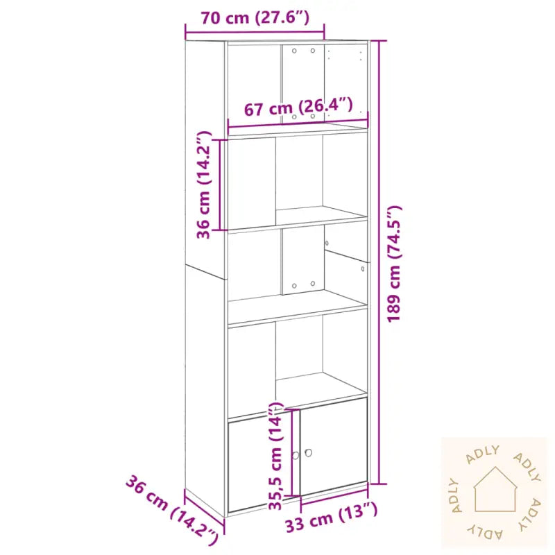Bokhylle Sonoma Eik 70X36X189 Cm Konstruert Tre