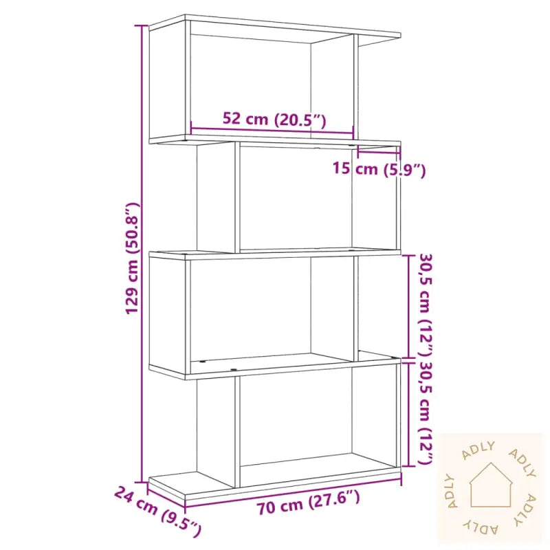Romdeler Bokhylle 4 Lag Sonoma Eik 70X24X129 Cm Konstruert Tre