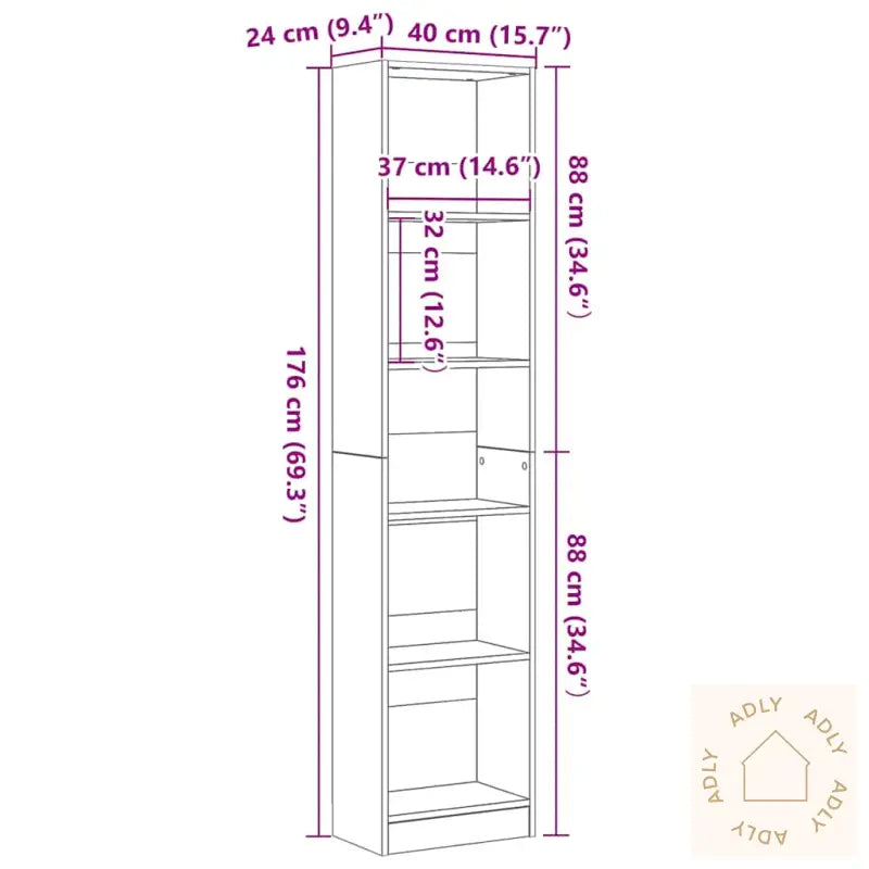 Bokhylle Svart Eik 40X24X176 Cm Konstruert Tre