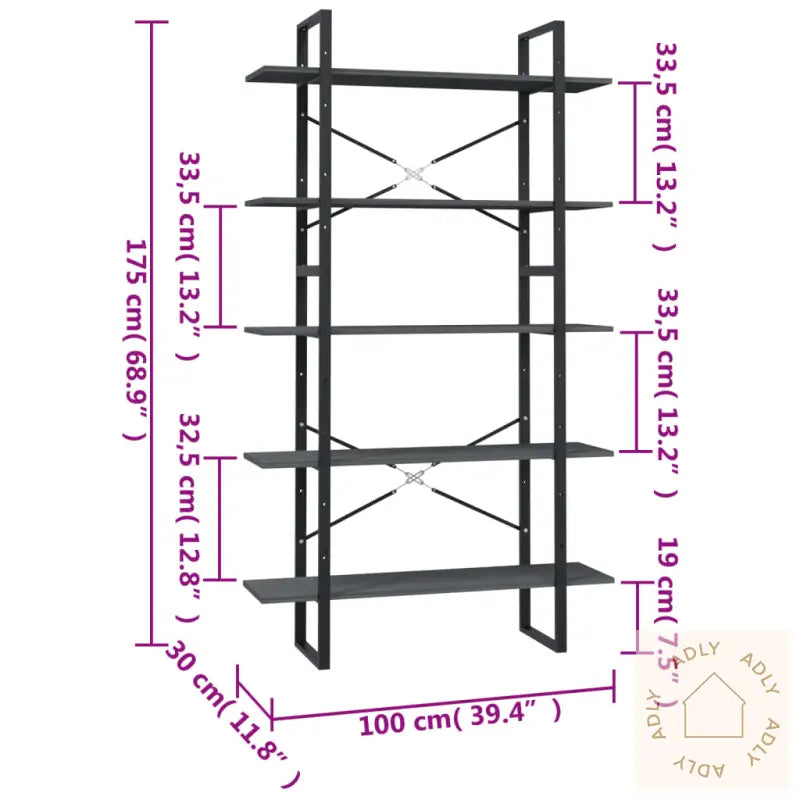 Bokhylle 5 Nivåer Grå 100X30X175 Cm Heltre Furu