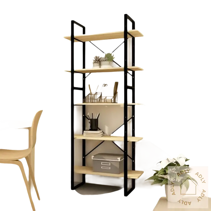 Moderne preg bokhylle i tre med svart metallramme, perfekt for møbler til hjemmet