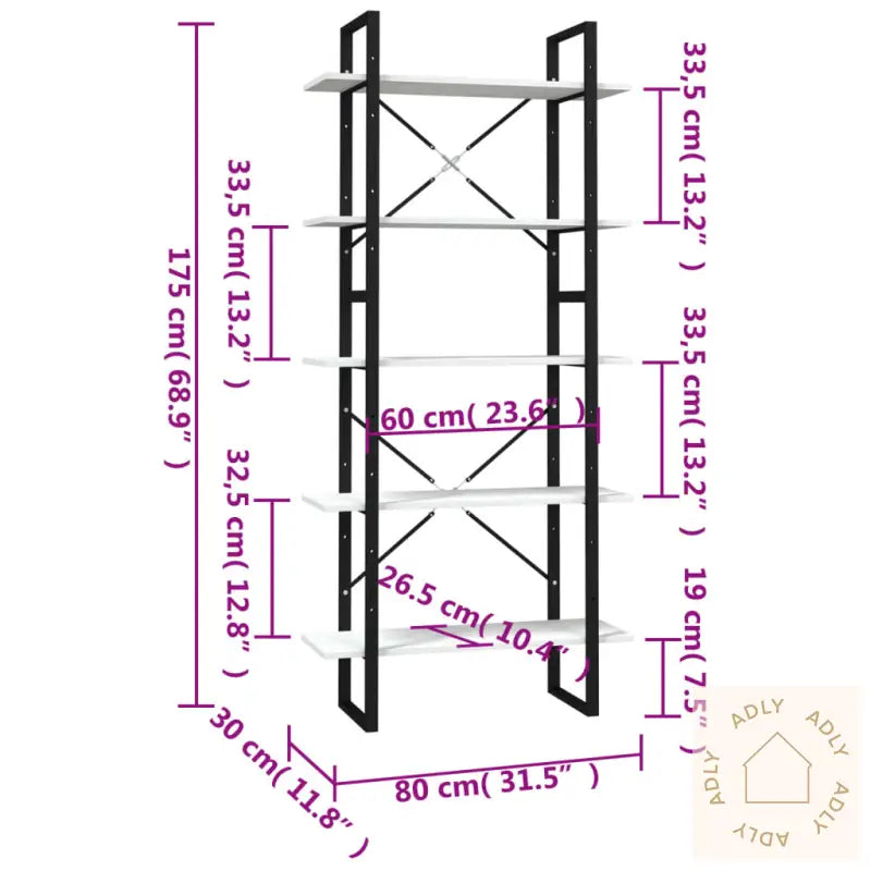 Bokhylle 5 Nivåer Hvit 80X30X175 Cm Heltre Furu