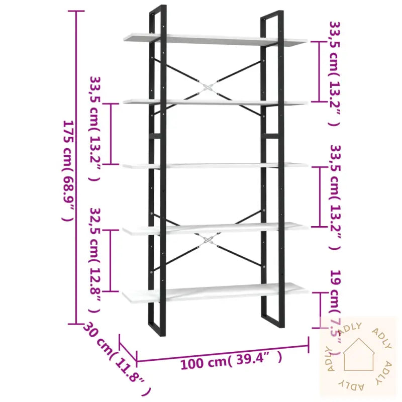 Bokhylle 5 Nivåer Hvit 100X30X175 Cm Heltre Furu