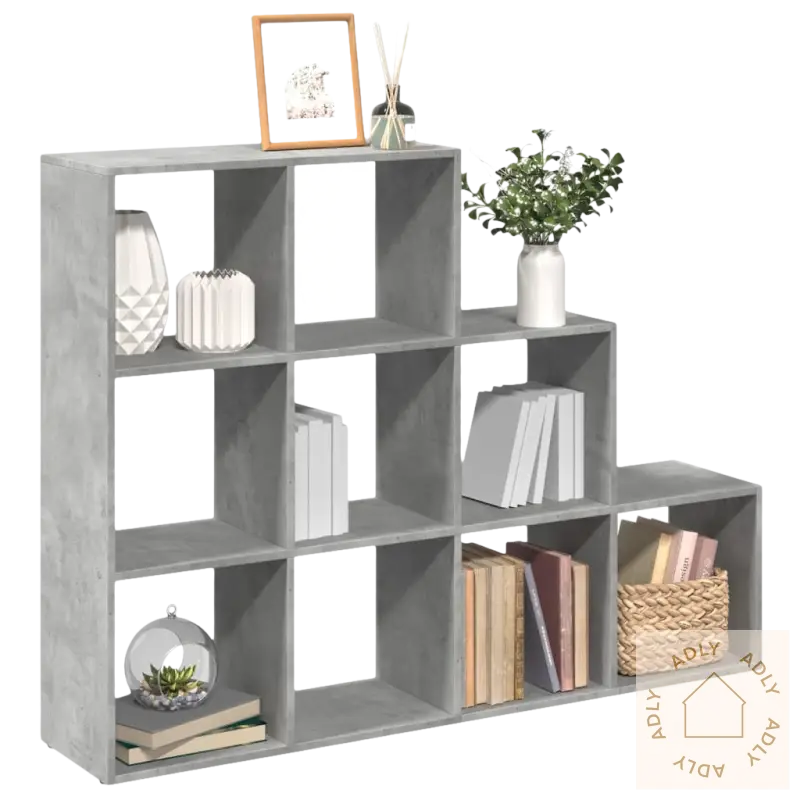 Gray concrete-look stegvis Bokhylle med kubeformede rom for smart oppbevaring hjemme