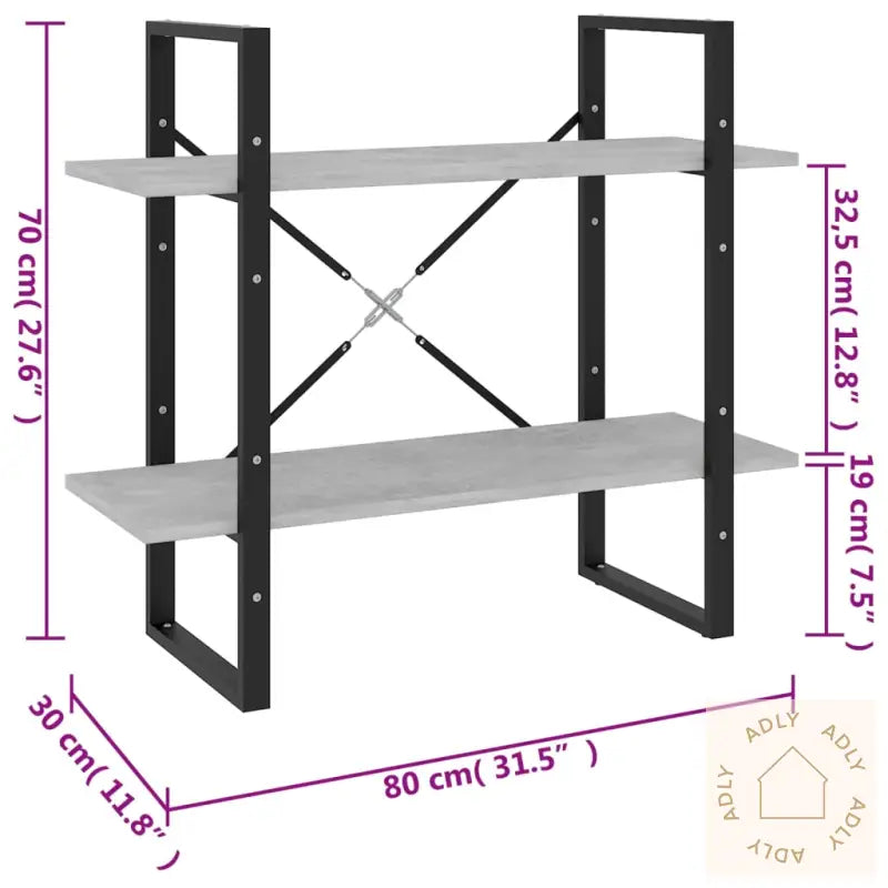Bokhylle 2 Nivåer Betonggrå 80X30X70 Cm Konstruert Tre