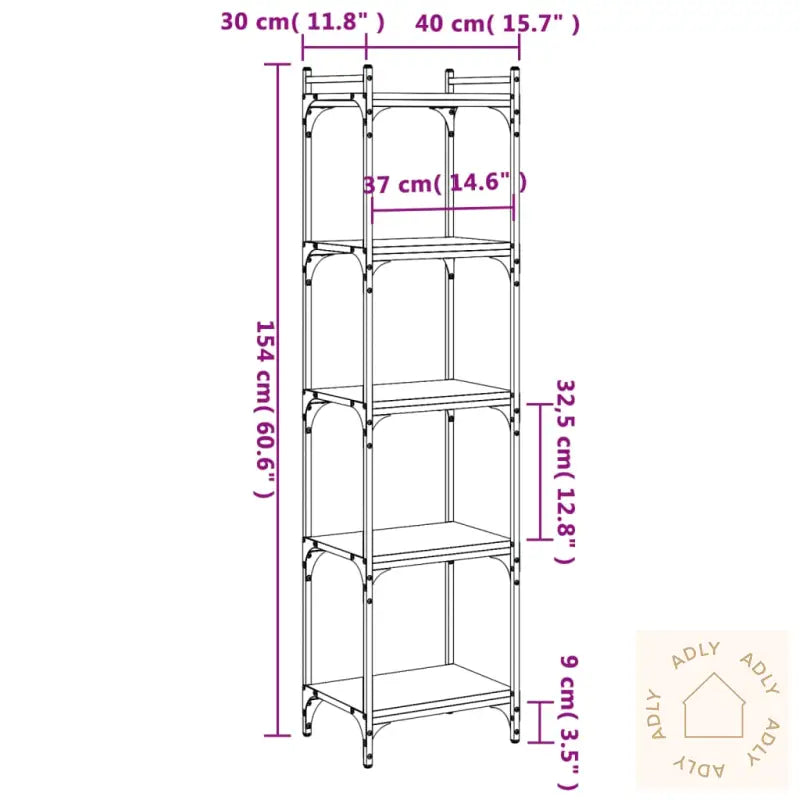 Bokhylle 5 Etasjer Røkt Eik 40X30X154 Cm Konstruert Tre