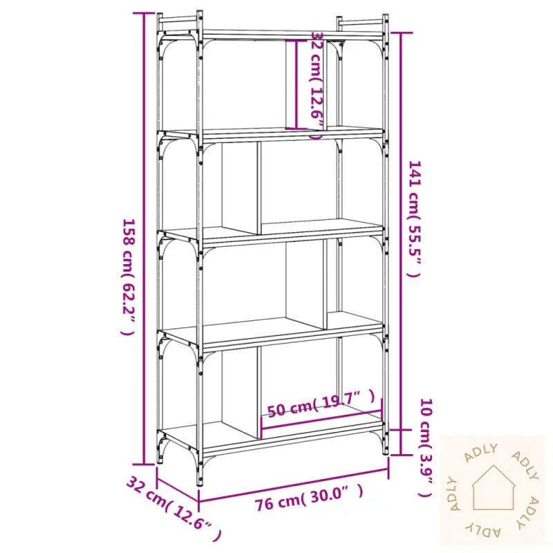Bokhylle 5 Etasjer Svart 76X32X158 Cm Konstruert Tre
