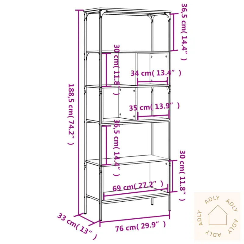 Bokhylle 5 Etasjer Svart 76X33X188,5 Cm Konstruert Tre