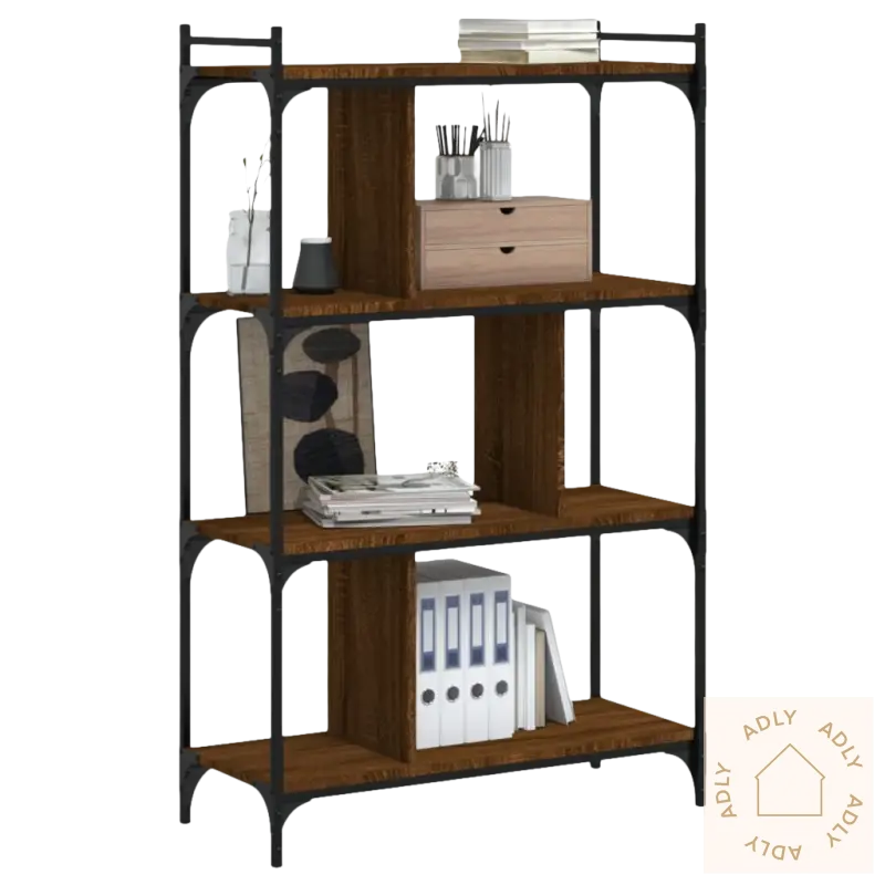 Bokhylle i brun eik med slitesterkt materiale og justerbare føtter, fire nivåer
