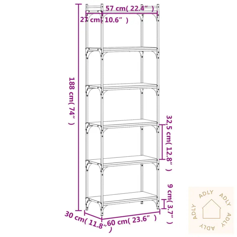 Bokhylle 6 Etasjer Brun Eik 60X30X188 Cm Konstruert Tre