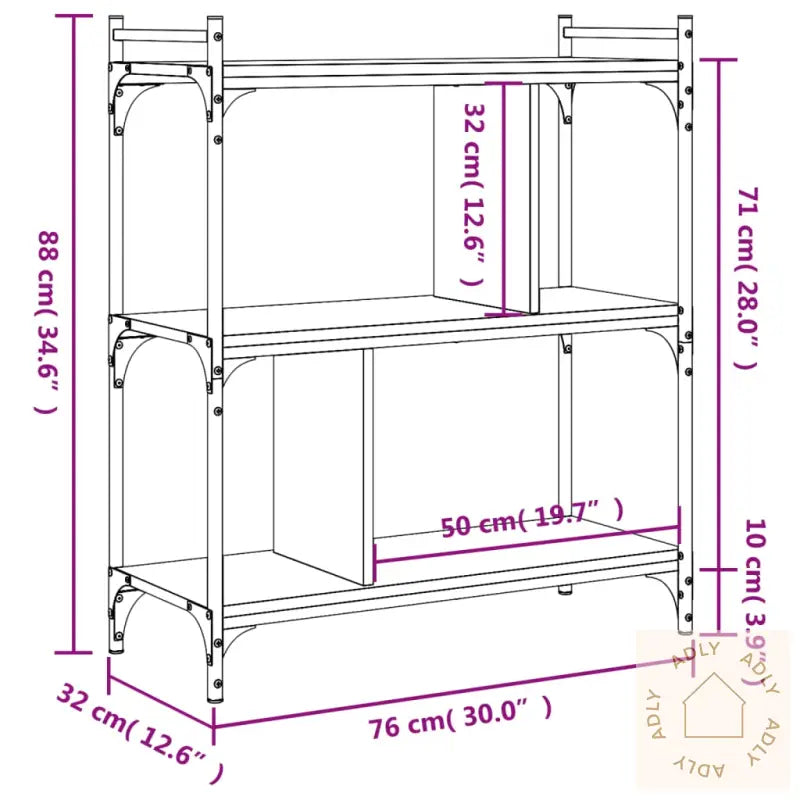 Bokhylle 3 Etasjer Sonoma Eik 76X32X88 Cm Konstruert Tre