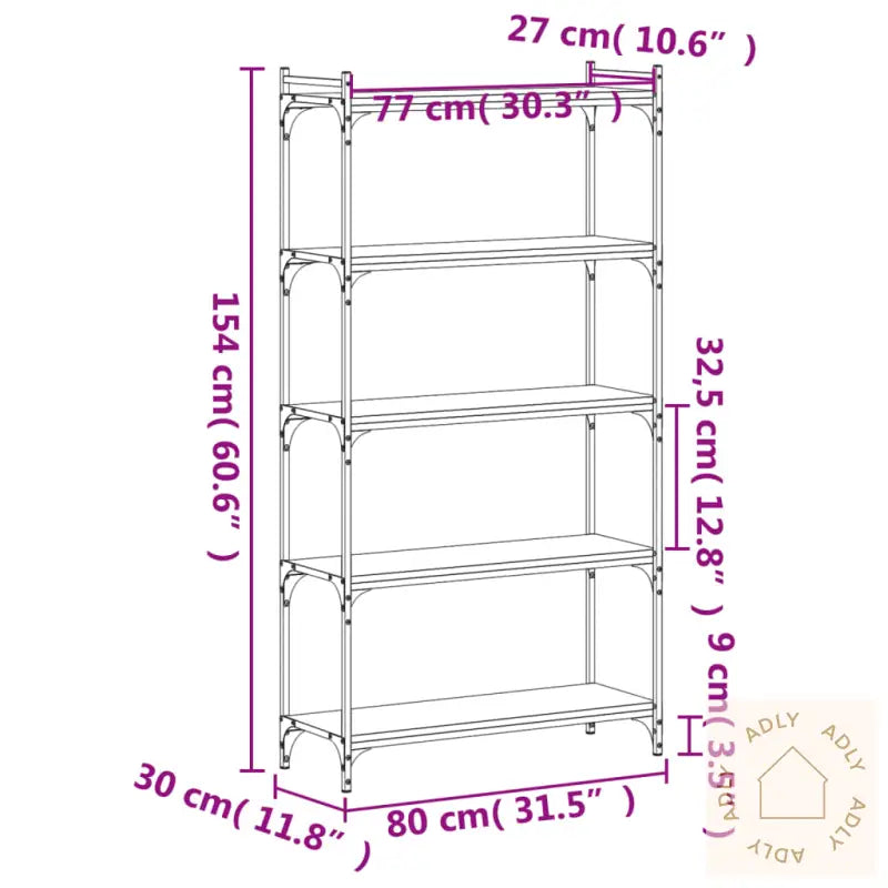 Bokhylle 5 Etasjer Sonoma Eik 80X30X154 Cm Konstruert Tre