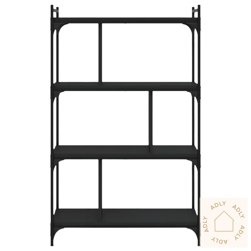 Sort metallhylle med justerbare føtter og montering kreves, perfekt som hagemøbler