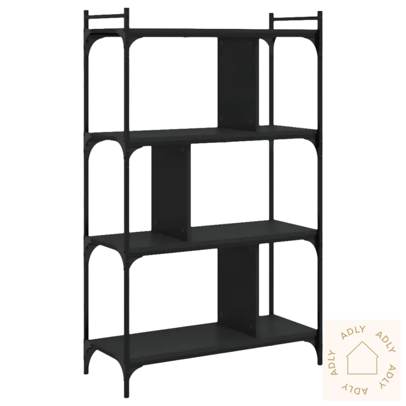 Sort svart metallhyllesystem med justerbare føtter, montering kreves for hjemmet
