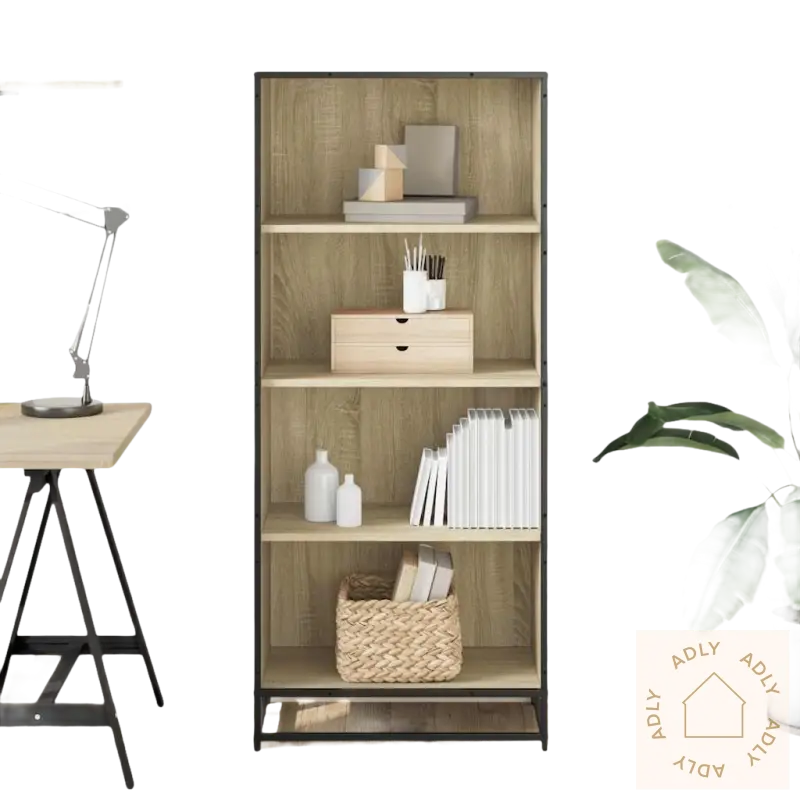 Five-shelf bokhylle i sonoma eik med black metallramme og slitesterkt materiale