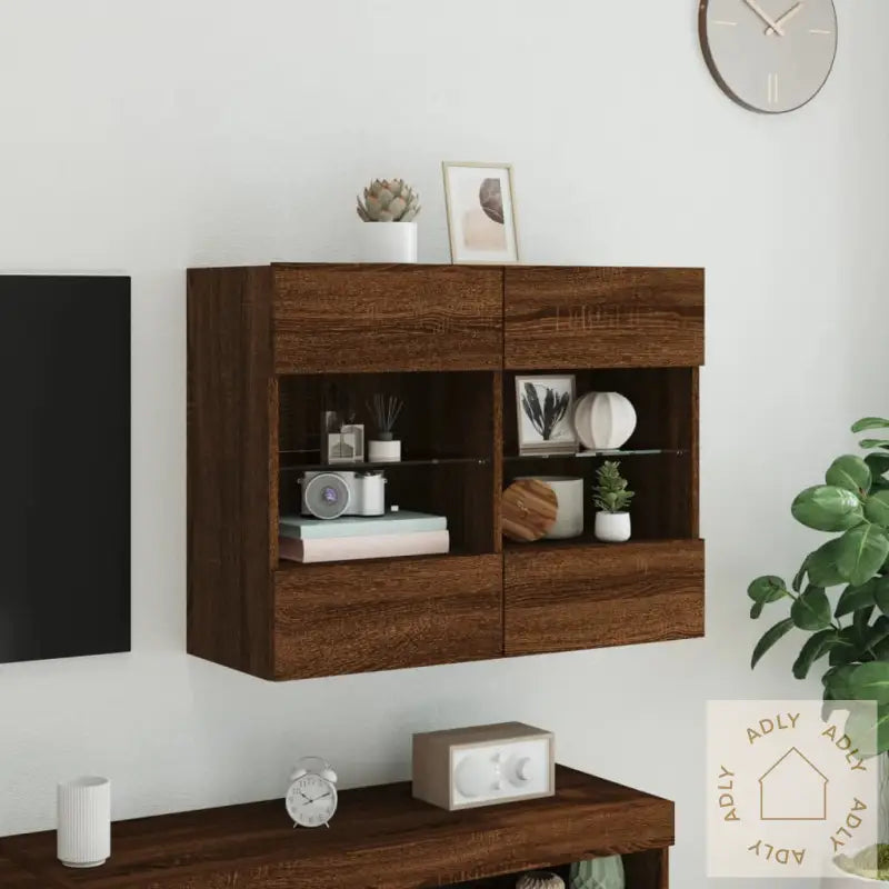 Vegghengt Tv-Benk Med Led-Lys Brun Eik 78,5X30X60,5 Cm