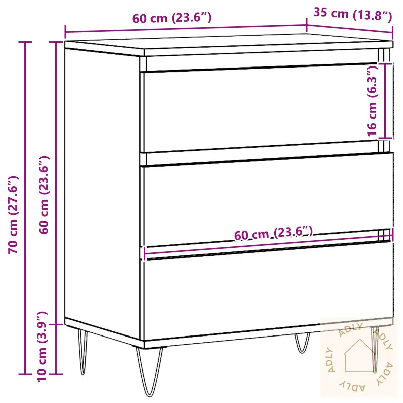 Sideboard Med Skuffer Svart Eik 60X35X70 Cm Ingeniørtre
