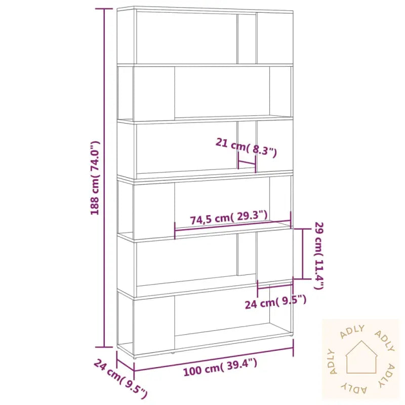 Bokhylle/Romdeler Betonggrå 100X24X188 Cm