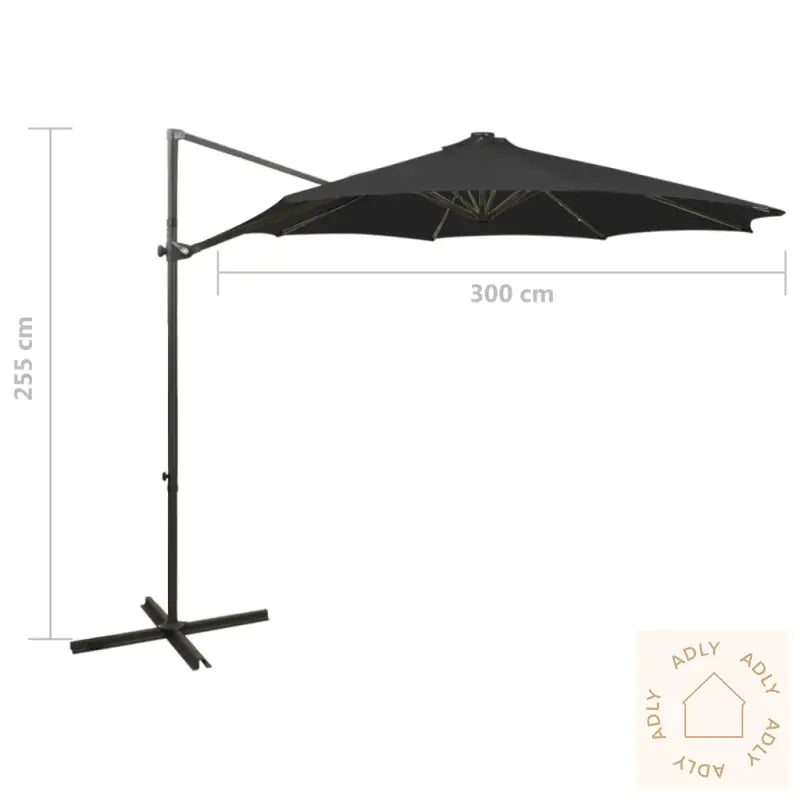 Hengende Hageparasoll Med Stang Og Led-Lys Svart 300 Cm
