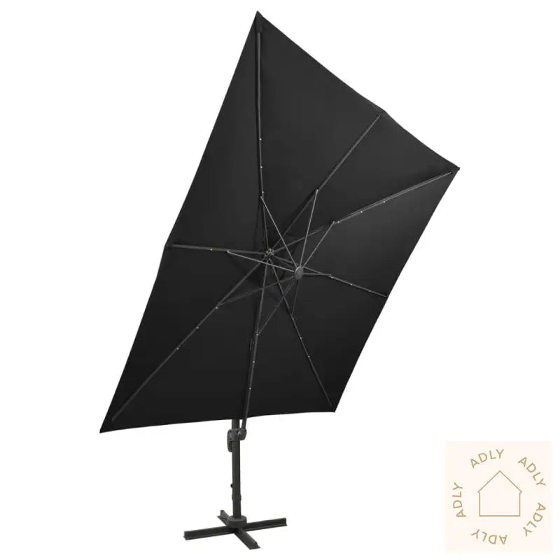 Hengende Hageparasoll Med Stang Og Led-Lys Svart 300 Cm