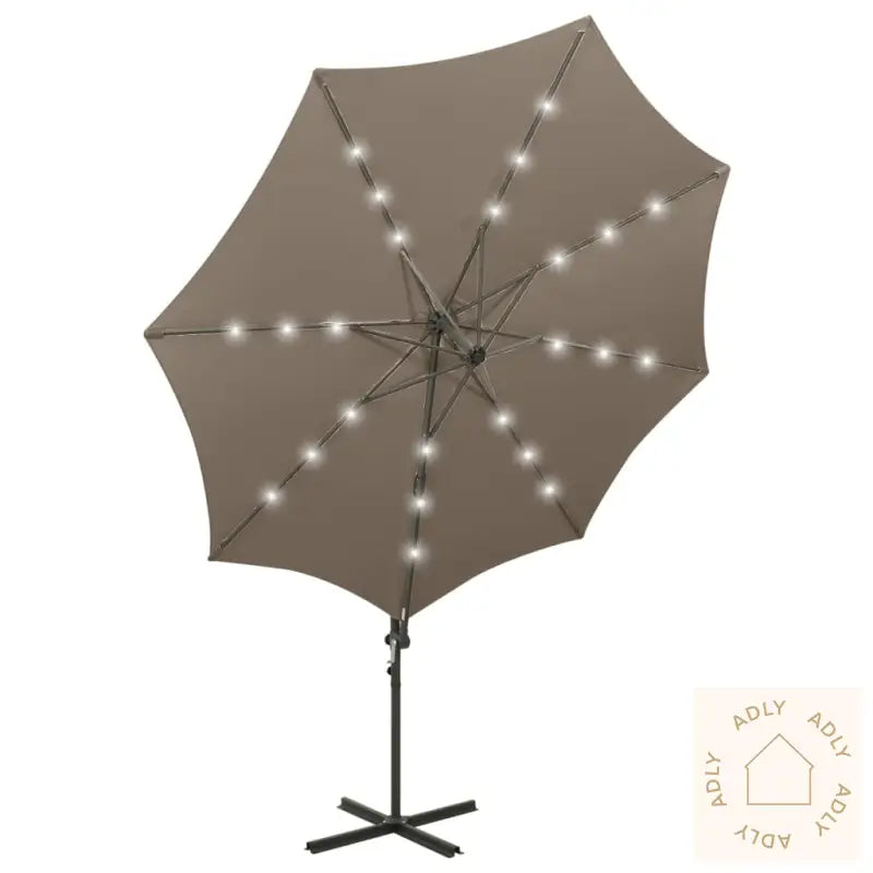 Hengende Hageparasoll Med Stang Og Led-Lys Gråbrun 300 Cm