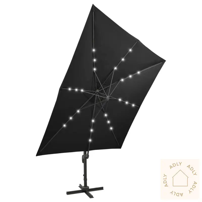 Hengende Hageparasoll Med Stang Og Led-Lys Svart 300 Cm