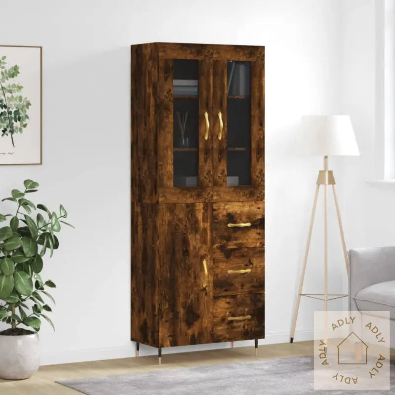 Highboard Røkt Eik 69,5X34X180 Cm Konstruert Tre