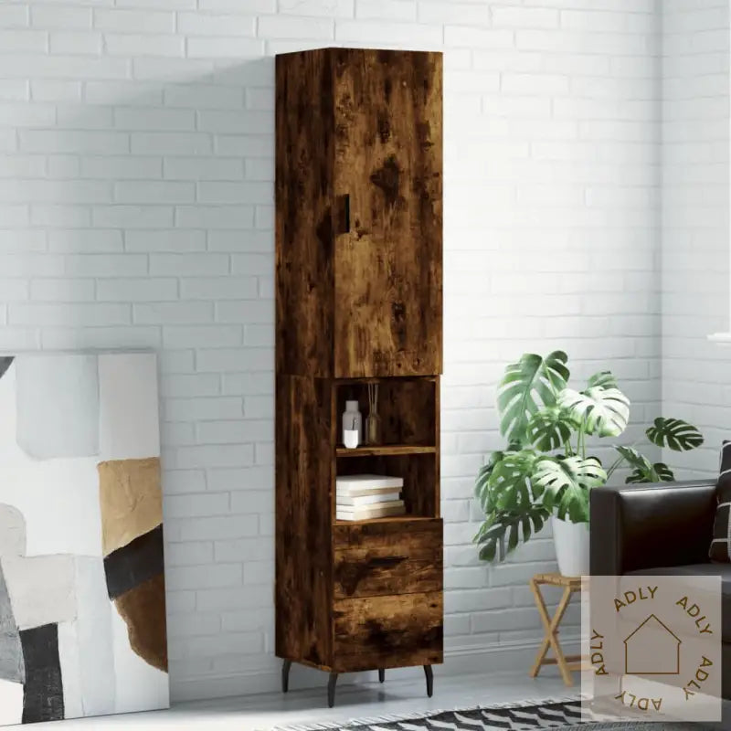 Highboard Røkt Eik 34,5X34X180 Cm Konstruert Tre