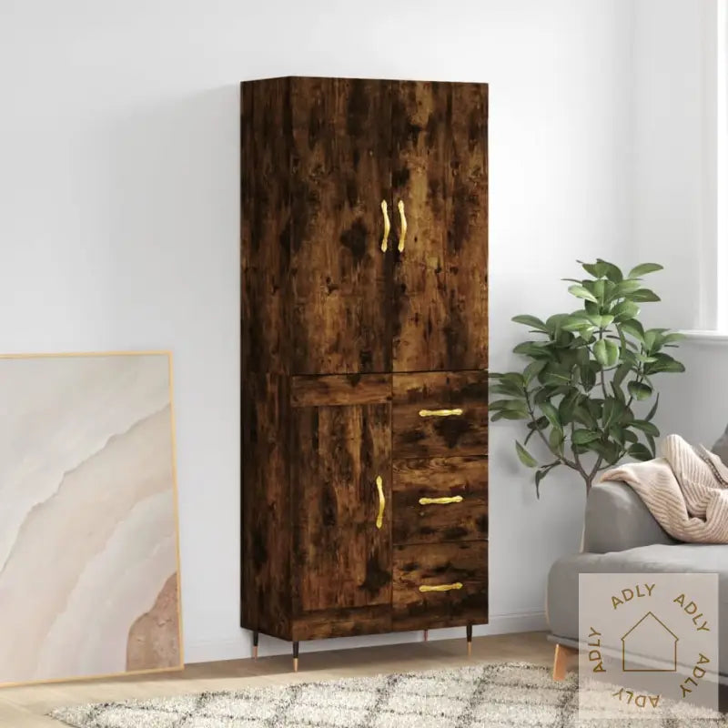 Highboard Røkt Eik 69,5X34X180 Cm Konstruert Tre