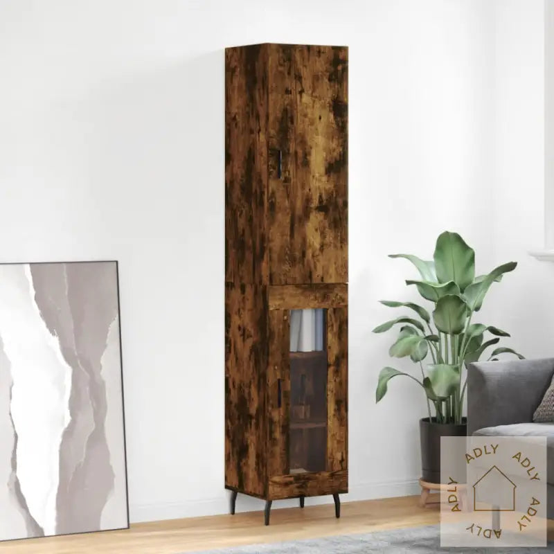 Highboard Røkt Eik 34,5X34X180 Cm Konstruert Tre