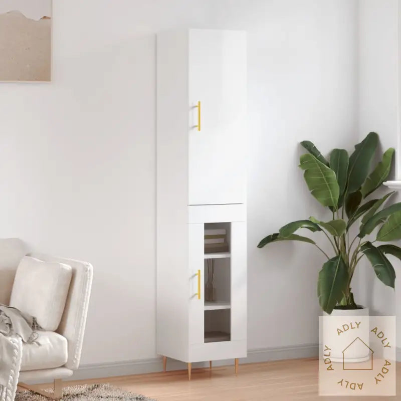 Highboard Høyglans Hvit 34,5X34X180 Cm Konstruert Tre