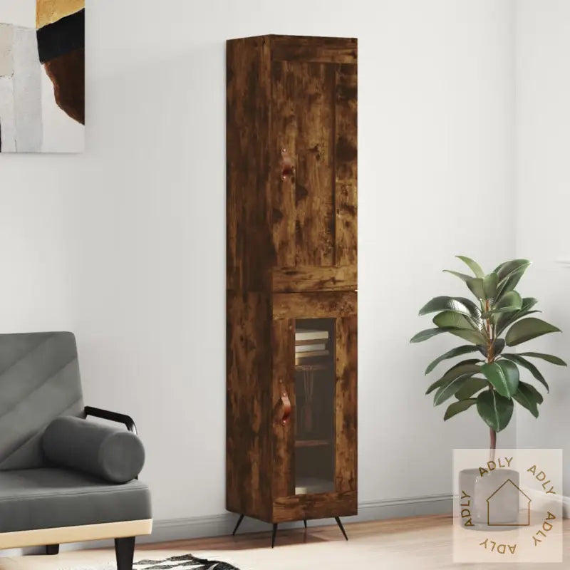 Highboard Røkt Eik 34,5X34X180 Cm Konstruert Tre