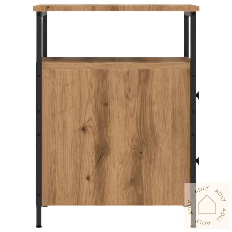 Elegant nattbord i artisan eik med svart metallramme, perfekt til soverommet