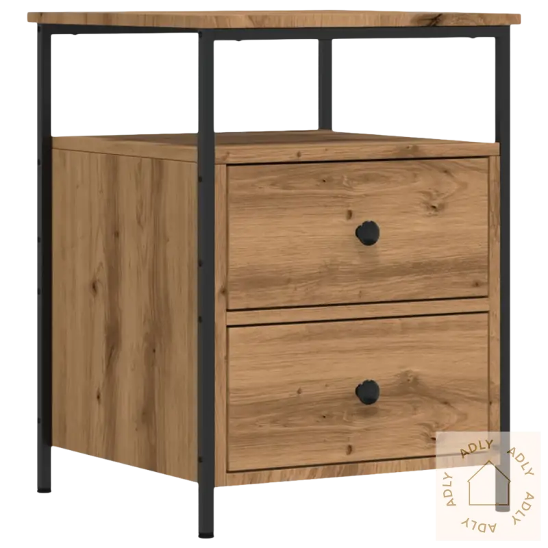 Elegant nattbord i artisan eik med to trekster, perfekt for soverommet