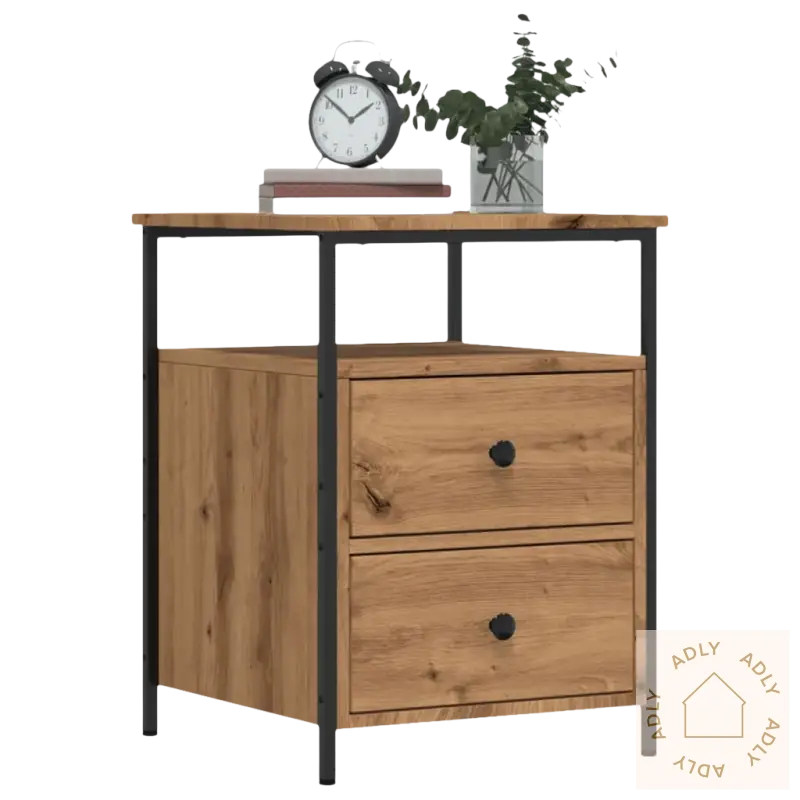 Elegant nattbord i artisan eik med svart metallramme for soverommet