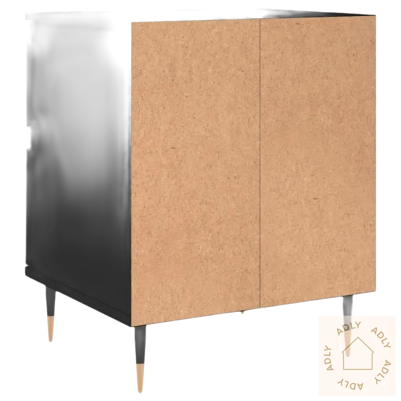 Elegant nattbord med klassisk design i svart og kork, perfekt for stilig hagemøbler
