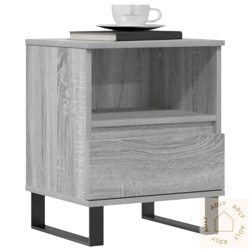 Gray wood-grain nightstand med elegant nattbord og stående hyller i slitesterkt materiale