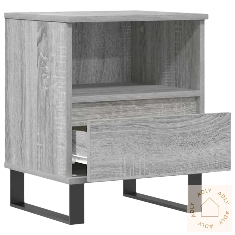 Elegant nattbord med stående hyller i slitesterkt materiale og grå tre-utseende