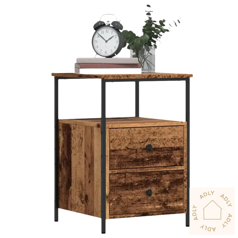 Rustikk tre-utseende nattbord med to skuffer, perfekt som elegant nattbord i klassisk design