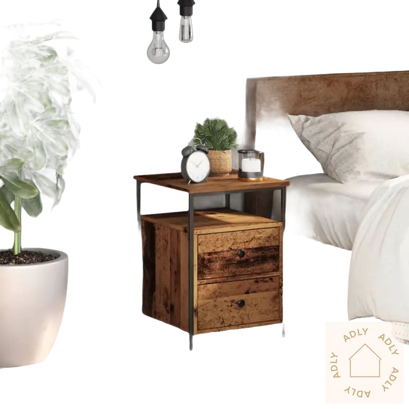 Rustikk tre- og metall nattbord med elegant og klassisk design, perfekt for stuen