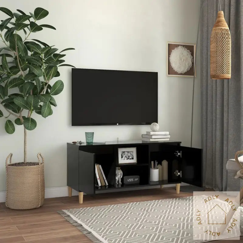 Tv-Benk Med Ben I Heltre Svart 103,5X35X50 Cm