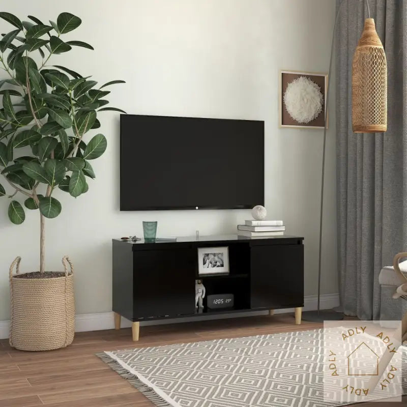 Tv-Benk Med Ben I Heltre Svart 103,5X35X50 Cm