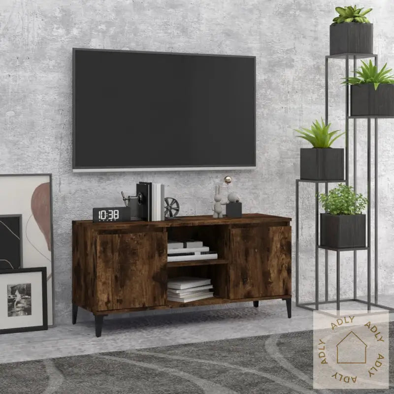 Tv-Benk Med Metallben Røkt Eik 103,5X35X50 Cm