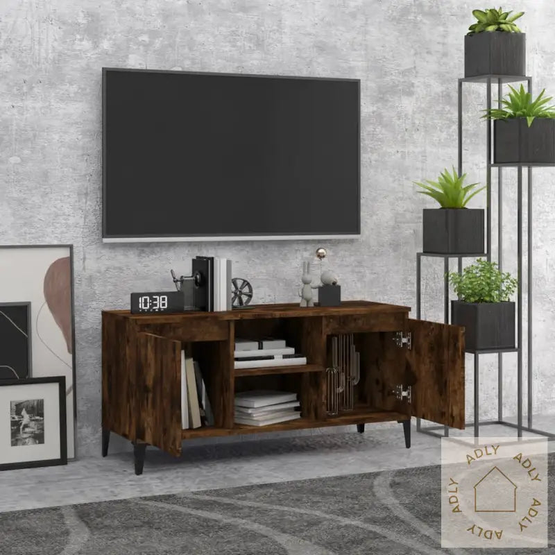 Tv-Benk Med Metallben Røkt Eik 103,5X35X50 Cm
