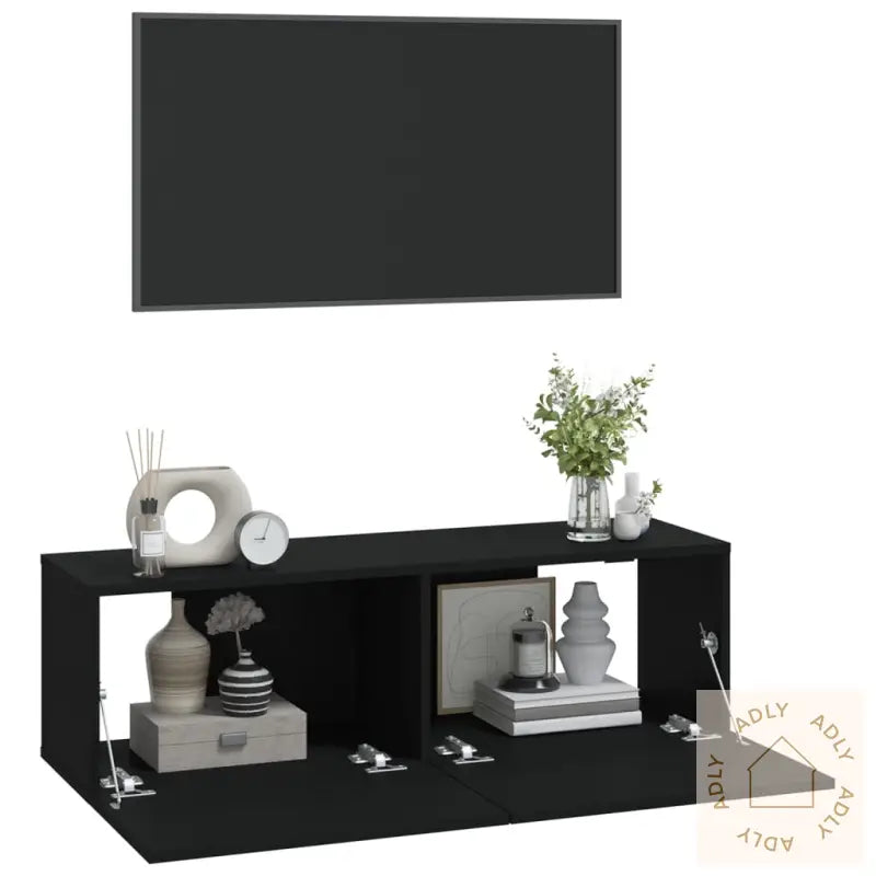 Vegghengte Tv-Benker 2 Stk Svart 100X30X30 Cm Konstruert Tre