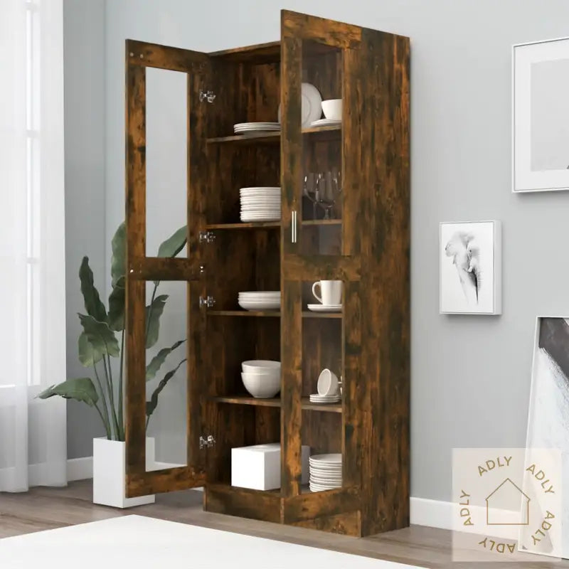 Vitrineskap Røkt Eik 82,5X30,5X185,5 Cm Konstruert Tre