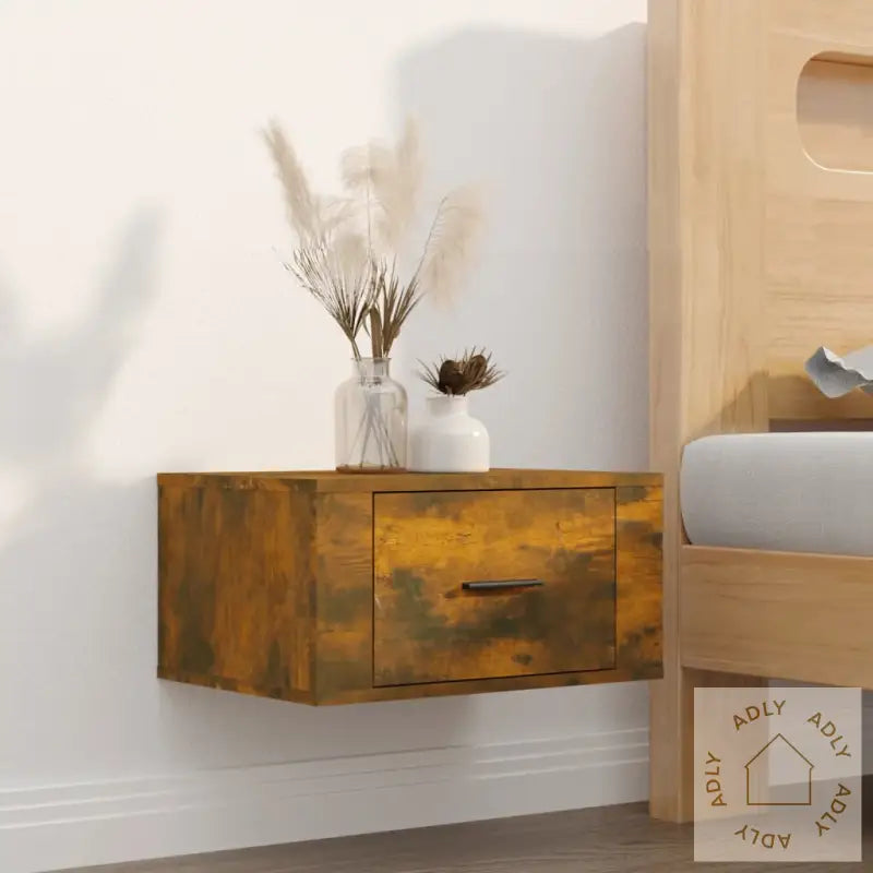 Veggmonterte Nattbord 2 Stk Røkt Eik 50X36X25 Cm